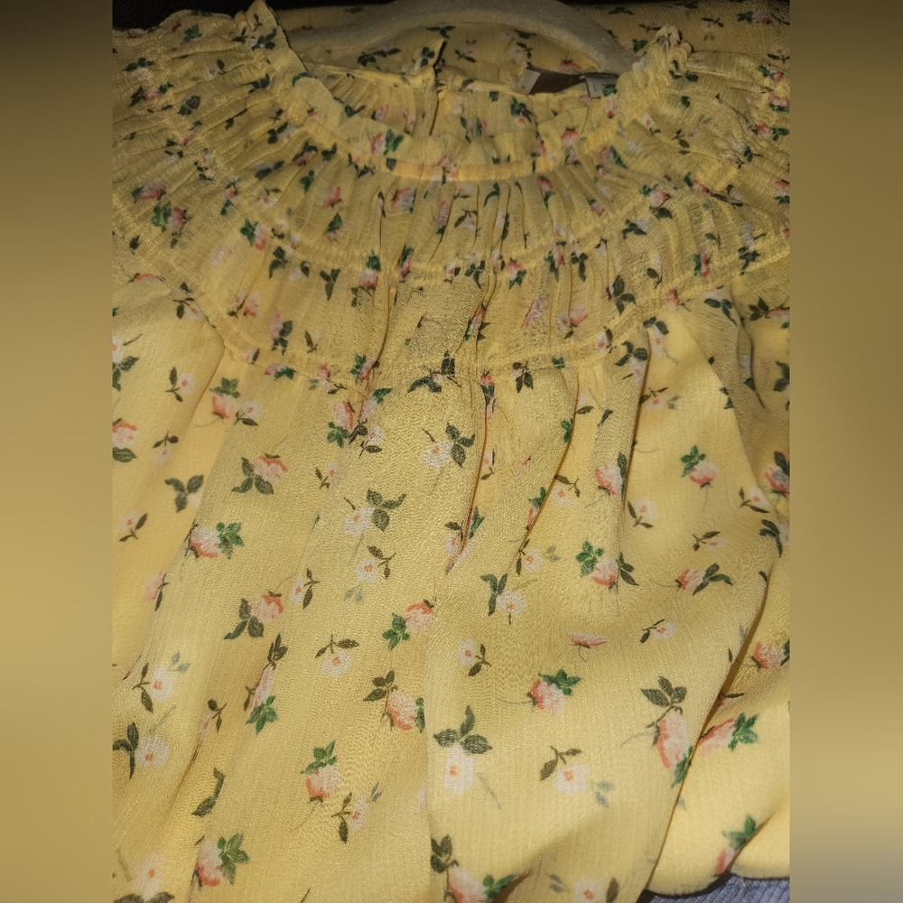 LOFT Butter Yellow Smocked Ditsy Floral Chiffon Lined Midi Dress Largw EUC - Picture 10 of 10
